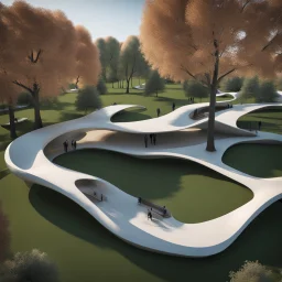 Vista aérea parque, árboles, senderos, kioscos, bancas, sillas, gente, Arquitectura minimalista estilo Zaha Hadid, calidad ultra, 3D 8k