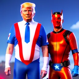 Realistic image of Donald trump super hero, retro style, watchmen style, red and blue colors, white stars, suspenders, latex material, 80s, vibrant color, highly detailed, sky background, concept art, unreal engine 5, god rays, ray tracing, RTX, lumen lighting, ultra detail, volumetric lighting, 3d, finely drawn, high definition, high resolution.