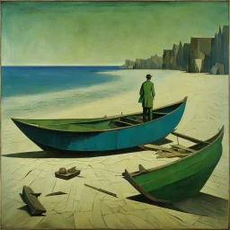 A man, beach, a green and blue boat, some pieces of wood, summer, creepy, odd, Max Ernst