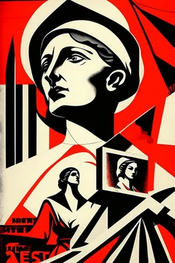 Puritan Propaganda; black and white with accents of orange-red; Socialist Realism; Constructivism