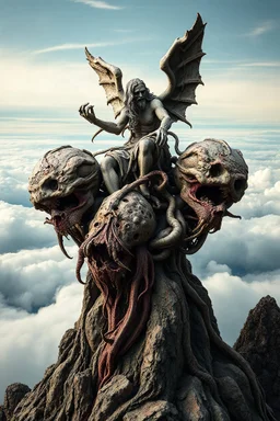 sculpture of god above the clouds on a top of a mountain , decayed and rotting with grotesque proportions and imagery. abstract grotesqueries, detailed texture, surreal horror, biomechanical design, by hr giger and beksinski