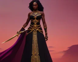 Holding sword. A beautiful curvaceous black woman with long straight curly black hair, wearing a gold crown and a gold intricate detail gown, yoruba culture, orixa, magical, ethereal.Sharp lighting, cimematic lighting, misty, Painting, high quality, Ultra quality 8k.