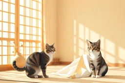 papercut, ukiyo-e, 3D characters, an elegant pretty young woman in an elegant beige-white-brown room S<AI in sunshine, cute tabby cat