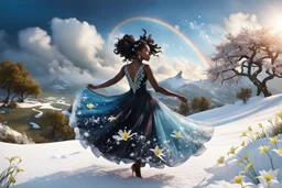 The camera zooms in, focusing sharply on very beautiful black godus girl with make up Lily wearing pretty dress as she dances gracefully in the same romantic environment with flowers and sky with nice clouds. Her joy and youth are presented against the backdrop of the surreal surroundings.a snow covered tree sitting on top of a snow covered slope, detailed swirling water tornado, national geographic footage, inspired by Sim Sa-jeong, by Huang Tingjian, still from a 2015 pixar movie, infrared ca