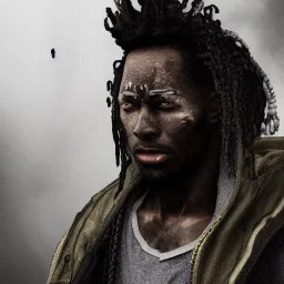 mysterious, black man, long curly black hair, scar on eye, hooded, post-apocalyptic, realistic, intriacte detail, sci-fi fantasy style, volumetric lighting, particales,highly detailed,cinamatic, deep colours,8k