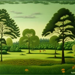 A green grassland savanna with tall trees painted by Henri Rousseau