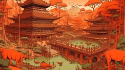 A rosy tannish orange colored cyberpunk zoo designed in African pottery painted by Utagawa Hiroshige