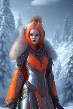 Beautiful futuristic girl, wearing orange glowing armor, snow mountain background, snow, fur cloak