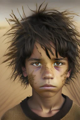 a 10 year old boy with tumbleweed skin neatly army trimmed hair with a slightly protruding upper jaw with medium sized dark brown eyes and very slightly skinny and very light eyebrows
