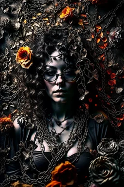 abstract creation of a beautiful woman with black curly hair, surrounded by black roses, thick metal chain broken, glass petals on the ground, autumn colours,dried out thorn bush, chaos,