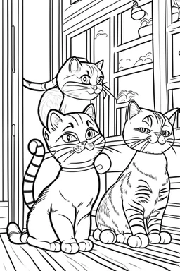 coloring page for kids, Cats in the house, cartoon style, thick lines, low detail, no shading