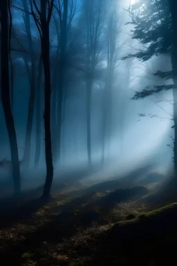 Bosque cinematografico cubierto de niebla y iluminación cafe matizada en azul