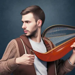 young man with harp, sweater, playing music