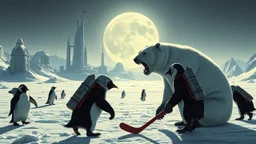 buster keaton as unstable polar growlar bear on the planet of Ceres, with some penguins with rocket backpacks playing hockey with astronauts, in front of ice megapolis