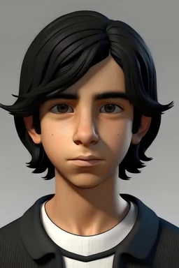 generate a middle eastern teenage boy who has medium length black hair. The hair is parted in the exact center of his head