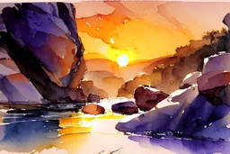 Sunset, rocks, fantasy, mountains, epic, john singer sargent watercolor paintings