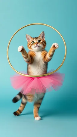 A cat dressed like ballerina playing the Hula Hoop happy and smiling