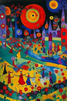 A purple graveyard with dancing ghosts painted by Wassily Kandinsky