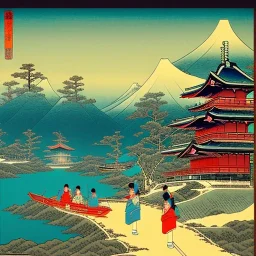 Ukiyo-e styled art, stream, mountain, sun, family on a boat