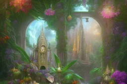 Tropical flowers,heart drawing, crystals, tropical leaves, sacred altar, Fantasy temple