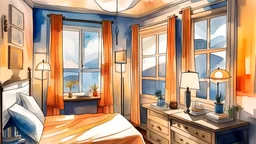 A watercolor illustration of a cozy bedroom with a bay window, a warm glow from a modern lamp, and multiple mirrors reflecting different angles of the room