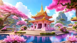 beautiful colorful Asia state spring's flowers, nature, little pink thai temple, fountains, lake, fantasy, sharpen, romantic dreamy mood, elegant, cute, dramatic viewing, amazing world, pastel colorful, high contrast, 8k high definition, unreal engine 5, extremely sharp detail, light background,