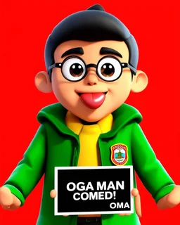 A 3D animated character with a round face, prominent eyes, and a small, protruding tongue. He is wearing glasses, a green jacket with a yellow collar, and a badge on his jacket that reads 'IKENGA Obodo Oma!'. He holds a black signboard with white text that reads 'OGA MAN COMEDY'. The character is positioned against a red background.