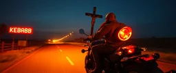 The kebab man driving fast on his motorcycle, fire from the exhaust, widescreen picture, empty road on the country at night, comic style, no helmet and he have a long black beard, neon kebab signs along the road, jesus at his cross