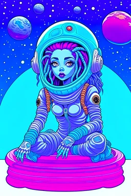 An alien woman astronaut with a blue background and purple dreadlocks with big blue eyes and tattoos sitting on top of a UFO