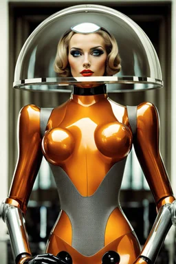 female humanoid robot, beautiful like a supermodel from the sixties, beautiful eyes, sexy, helmut newton, glass bubble