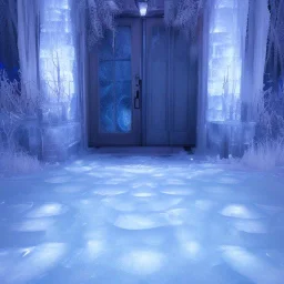 ethereal winter flowers, carved ice door at the end of ice steps, magical atmosphere, Beardsley, Unreal render, mdjourny v3 style, cinematic blue