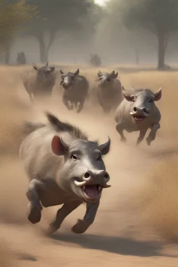 Animation image of warthogs running wild laughing, 8k high quality real life animation