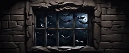 Hyper Realistic small window of dark dungeon with bats flying & cobwebs on dark rustic walls at night