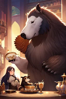 Anthropomorphic European badger wearing a tophat and having a tea party with his other anthropomorphic animal buddies. Illustration.