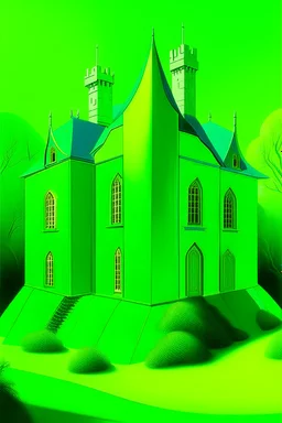 A neon green defensive chateau with shields painted by Edward Hicks