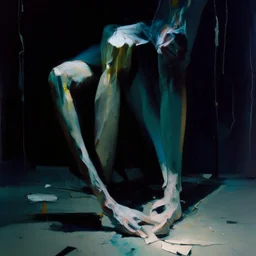 Minimal abstract oil paintings close up person limbs sinew and concrete fragments illuminated at night style of Justin Mortimer