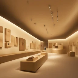 Museum design with “interactive exhibition halls”, natural lighting, modern style, earthy colours