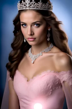 dark brown wood panel background with an overhead spotlight effect, 18-year-old female, Spibby Bloobles, Blue eyes, head and shoulders portrait, wearing a pink, lacy Prom dress with a tiara, full color -- Absolute Reality v6, Absolute reality, Realism Engine XL - v1