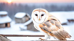 a barn owl sitting an old ruined hut rooftop and looking to te camera, over a winter landscacpe with european forest , little light, sunrise, high detailed, sharp focuses, photorealistic, perspective, cinematic