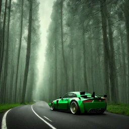 Single extremely detailed realistic sports car (Centered on image), moving on a detailed realistic road in dark woods, clear sky with visible planet, symetrical, HD, 4k, 8k, Car color= Dark green with black, Woods color=gray,black,dark green, Sky color= light blue and gray, lightning