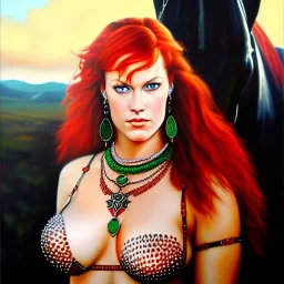 oil Portrait on canvas of busty beautiful young Red Sonja Riding a Black Horse, with big crystal clear green eyes looking to viewer, nose piercing , tattoos , with ruby necklace by Adam hughes 8k