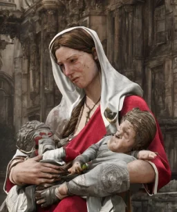 The Virgin Mary holds Christ in her arms, cries with blood, resident evil, resident evil, horor, photorealistic illustration, 8k