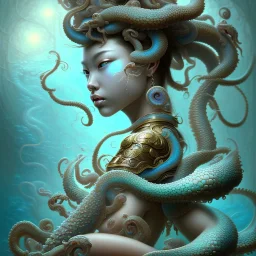 Sango fantasy, fantasy magic, intricate, sharp focus, illustration, highly detailed, digital painting, concept art, matte, art germ and Paul Lewin and Kehinde Wiley, masterpiece Japanese lady head bronze octopus' Asian African girl nice breast Thai hair turquoise silver blue under water