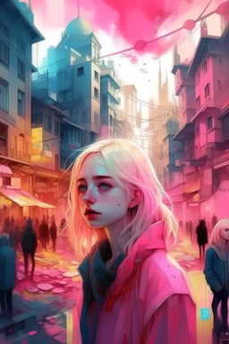 Dystopian world, without nature, moderne city, bright and pink, white, yellow, beauty is important, there is electricity on the houses, with a lot of people in the background, in the city people are more detailed and are blonde with blue eyes, all look the same and very pretty and we see them from the front, in the back there is blood, not in the front, the people have a fake smile