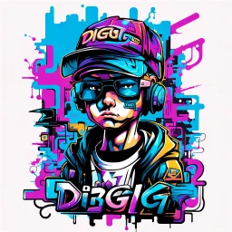 Vector t shirt art ready to print abstract color graffiti illustration of a cyberpunk boy and a basecap with text "Digi+Org" On cap, white background.