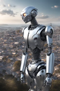 silver humanoid robot standing looking over a small alien town