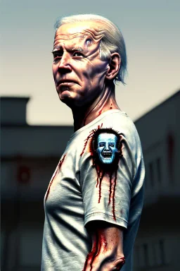 realistic image, joe biden zombie, arm cut and bleeding, night, walking with a limp, waist up view, dark ambient, highly detailed, sky background, concept art, unreal engine 5, god rays, ray tracing, RTX, lumen lighting, ultra detail, volumetric lighting, 3d, finely drawn, high definition, high resolution.