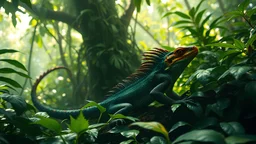 fantasy, A scythe lizard in a dense rainforest, camouflaged among the vibrant green foliage, displaying its unique tail and colorful markings, with dappled sunlight filtering through the canopy., adventure core, soft and dreamy depictions, epic eerie