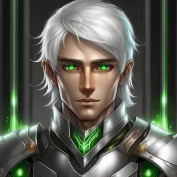 Please create an image for a young elven male with light brown skin, silver hair, and green eyes. He is accompanied by a metallic robot