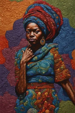 A polychromatic textile portrait, quilting, fabrics, by artist "Bisa Butler"